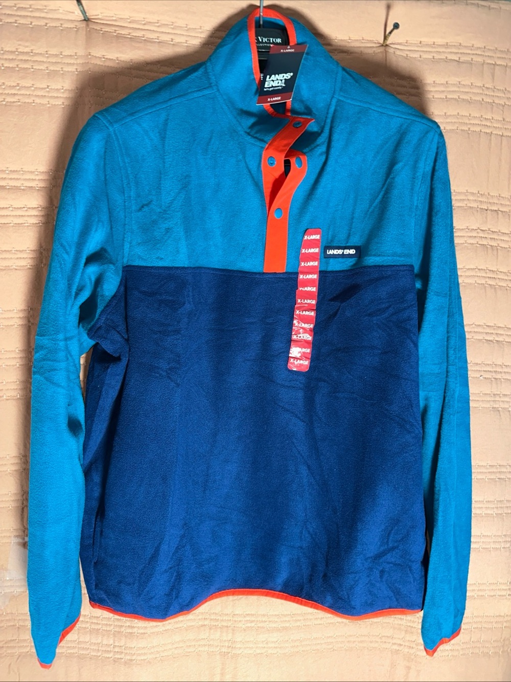 Lands' End Two-Tone Blue Fleece Pullover with Orange Trim